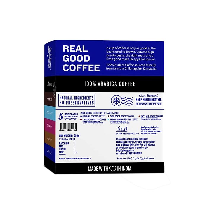 Sleepy Owl Assorted Cold Brew Coffee Bags | 5 Delicious Flavours - French Vanilla, Dark Roast, Cinnamon, Hazelnut, Original | Easy 3 Step Overnight Brew - No Equipment Needed | Makes 15 Cups | 100% Arabica Sleepy Owl Assorted Cold Brew Coffee Bags | 5 Delicious Flavours - French Vanilla, Dark Roast, Cinnamon, Hazelnut, Original | Easy 3 Step Overnight Brew - No Equipment Needed | Makes 15 Cups | 100% Arabica
